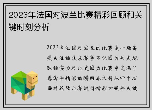 2023年法国对波兰比赛精彩回顾和关键时刻分析