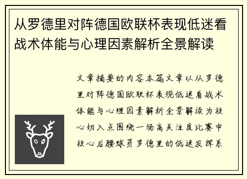 从罗德里对阵德国欧联杯表现低迷看战术体能与心理因素解析全景解读